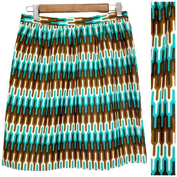 Milly Womens 6 Pencil Skirt 100% Silk Geometric Ikat Brown Green Cream Lined - Picture 1 of 6